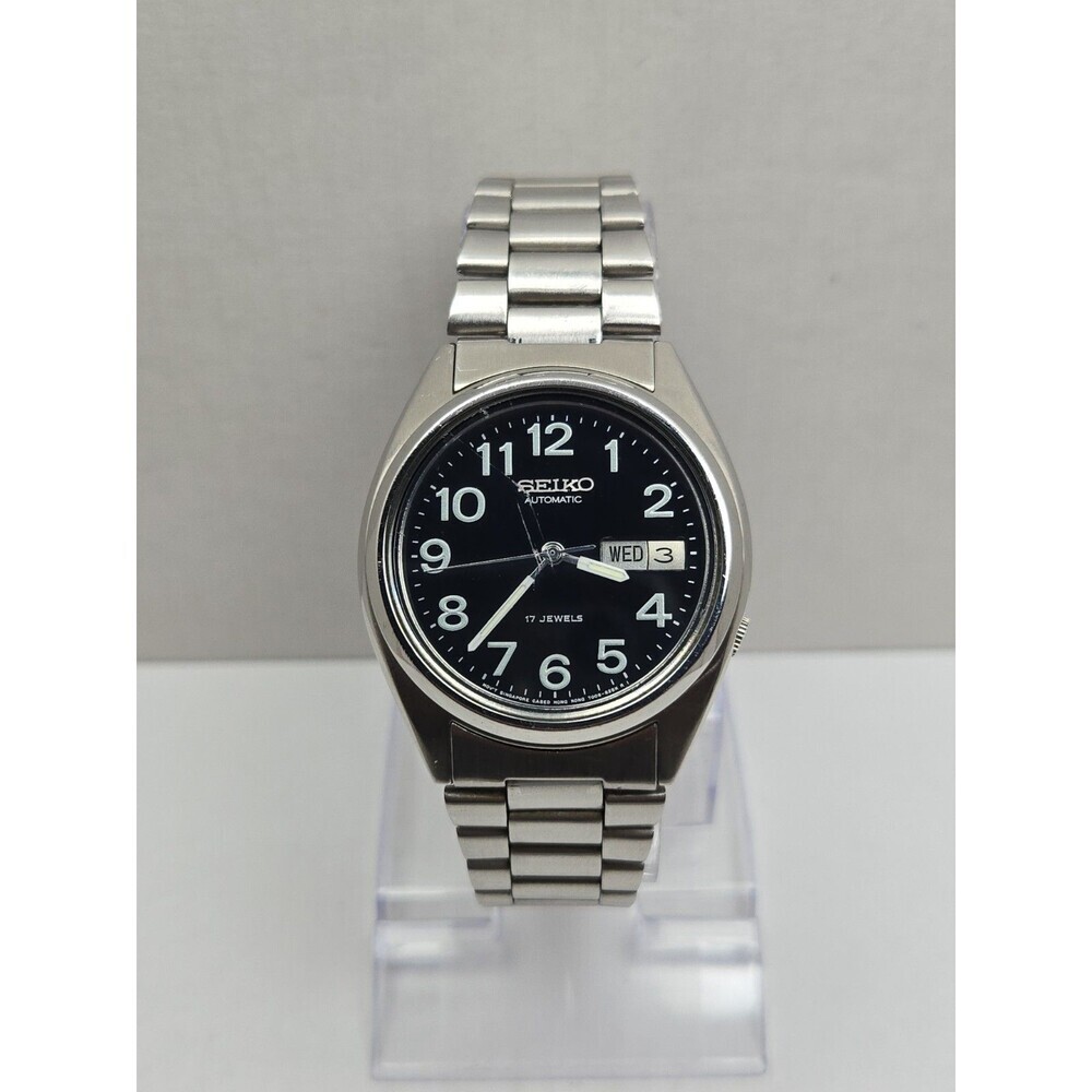 Seiko 7009 3189 Automatic Day Date Black Arabic Dial Mens Watch 17 Jewels Silver